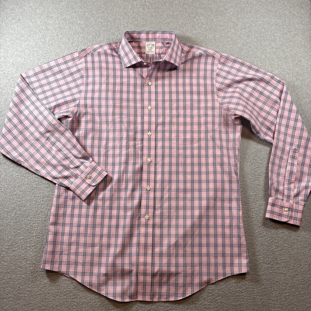Brooks Brothers Regent Men's L 16.5-36 Pink Blue Plaid Dress Business Button Up